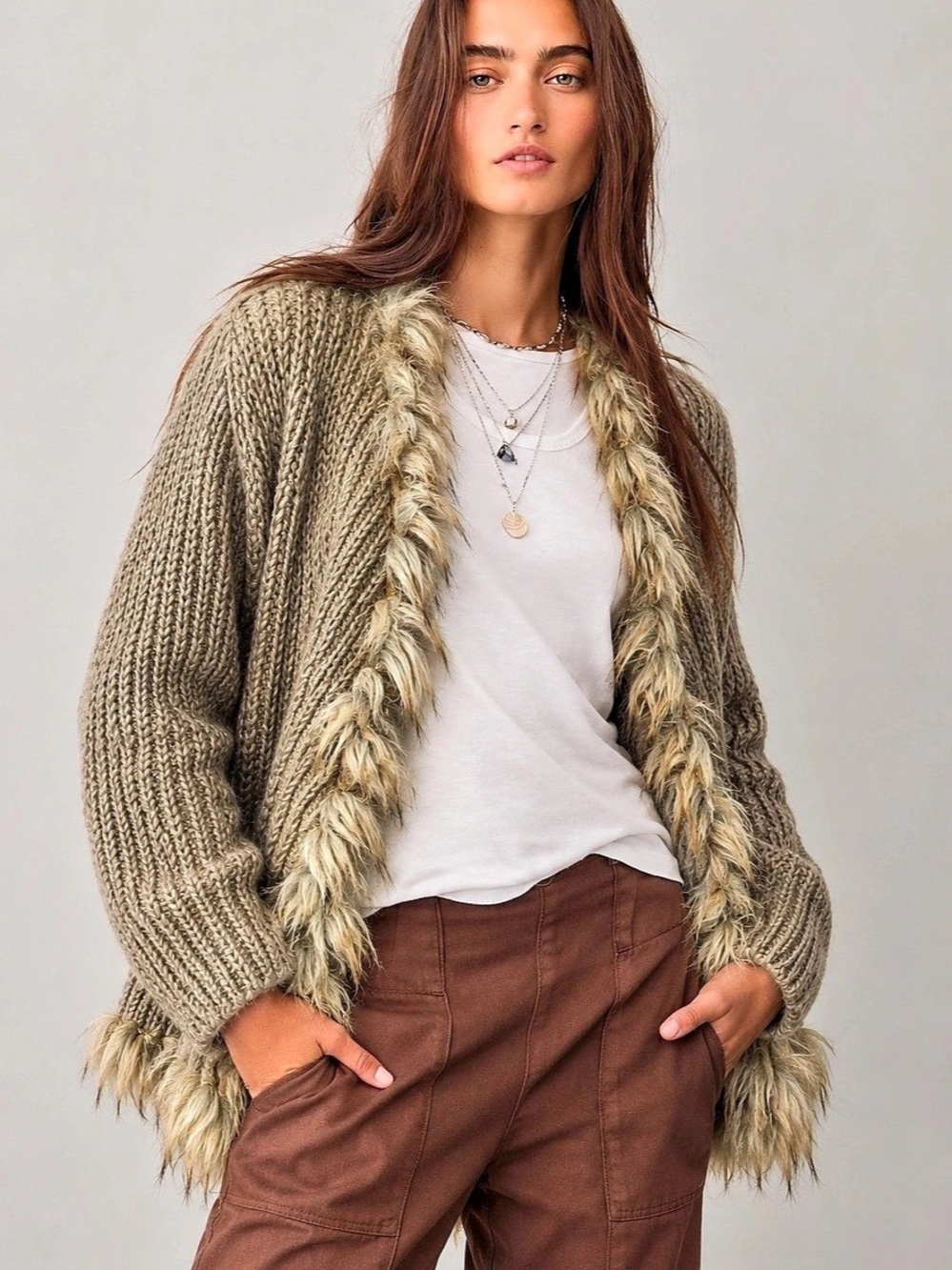 438. INC International Concepts Fringe Trim Cardigan in Brown & Beige Size Small